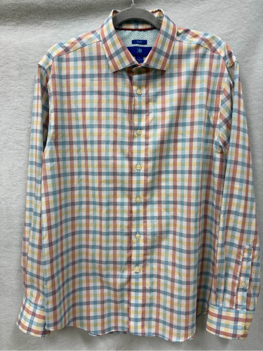 Egara Men’s L Red, Blue & Yellow Multicolor Plaid Dress Shirt Inner Cuff Pattern